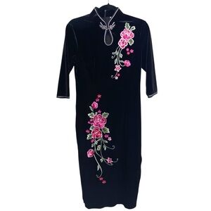 Loftykua Dress Womens S/M Black Floral Embroidered Velvet Whimsigoth Asian